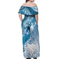Personalised New Zealand Aotearoa Darts Masters Off Shoulder Maxi Dress Maori Art Tattoo with Tribal Dart Symbol Blue LT03 - Polynesian Pride