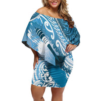 Personalised New Zealand Aotearoa Darts Masters Off Shoulder Short Dress Maori Art Tattoo with Tribal Dart Symbol Blue LT03 Women Blue - Polynesian Pride