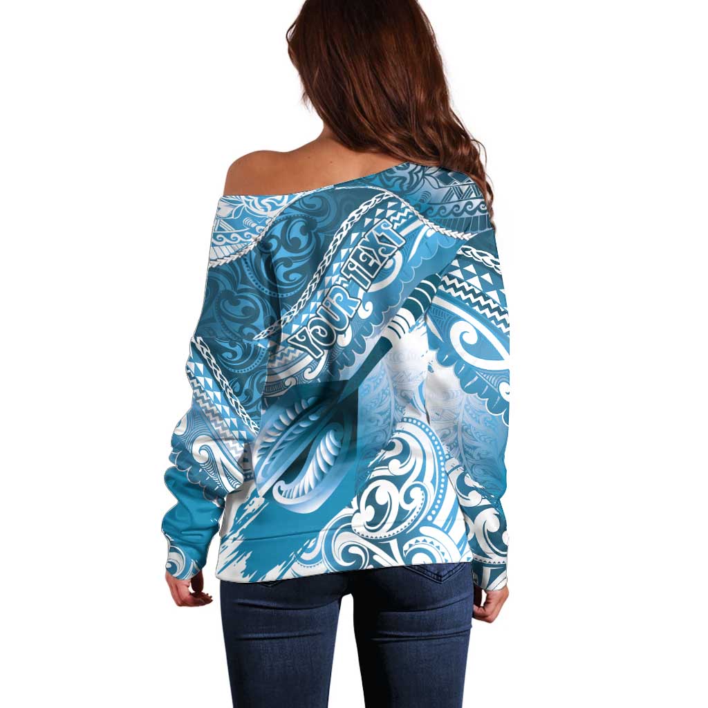 Personalised New Zealand Aotearoa Darts Masters Off Shoulder Sweater Maori Art Tattoo with Tribal Dart Symbol Blue LT03 - Polynesian Pride