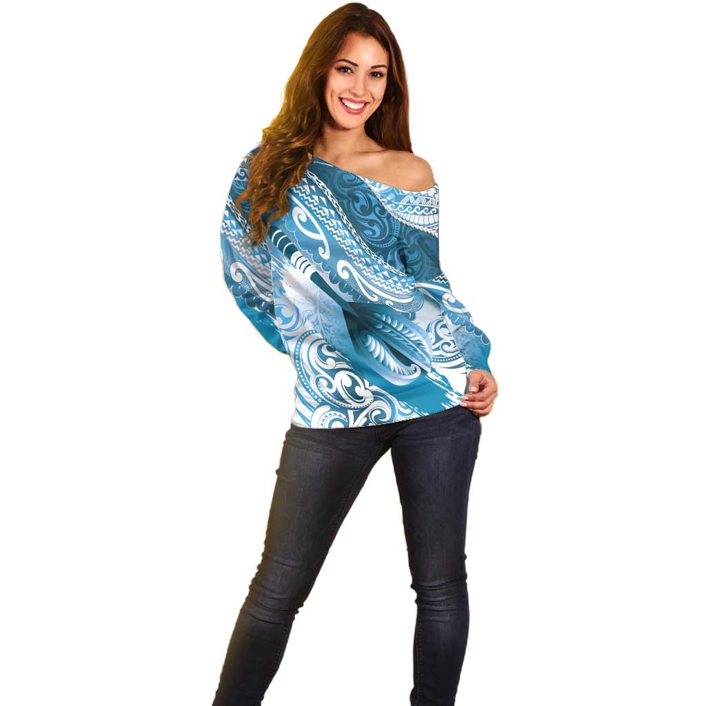 Personalised New Zealand Aotearoa Darts Masters Off Shoulder Sweater Maori Art Tattoo with Tribal Dart Symbol Blue LT03 - Polynesian Pride