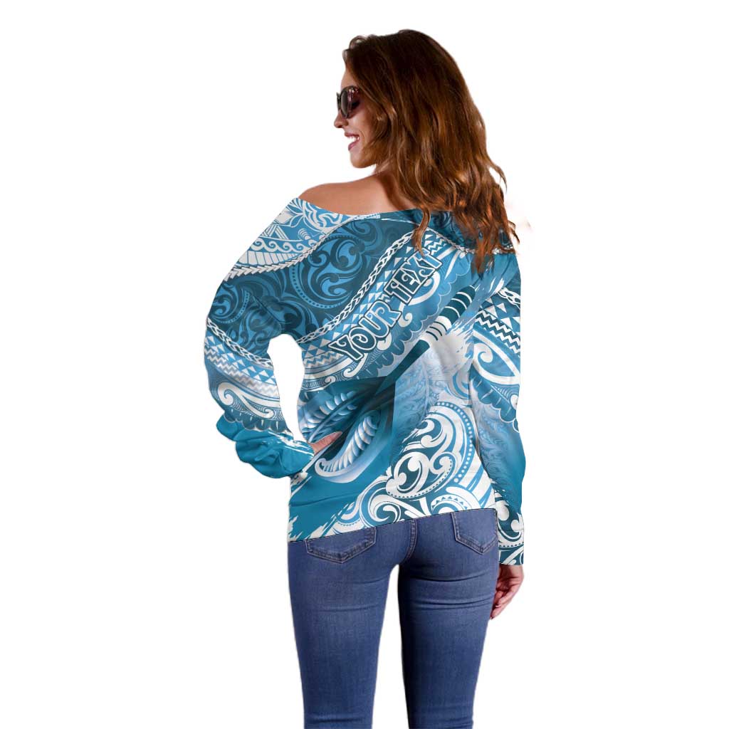 Personalised New Zealand Aotearoa Darts Masters Off Shoulder Sweater Maori Art Tattoo with Tribal Dart Symbol Blue LT03 - Polynesian Pride