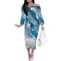 Personalised New Zealand Aotearoa Darts Masters Off The Shoulder Long Sleeve Dress Maori Art Tattoo with Tribal Dart Symbol Blue LT03 Women Blue - Polynesian Pride