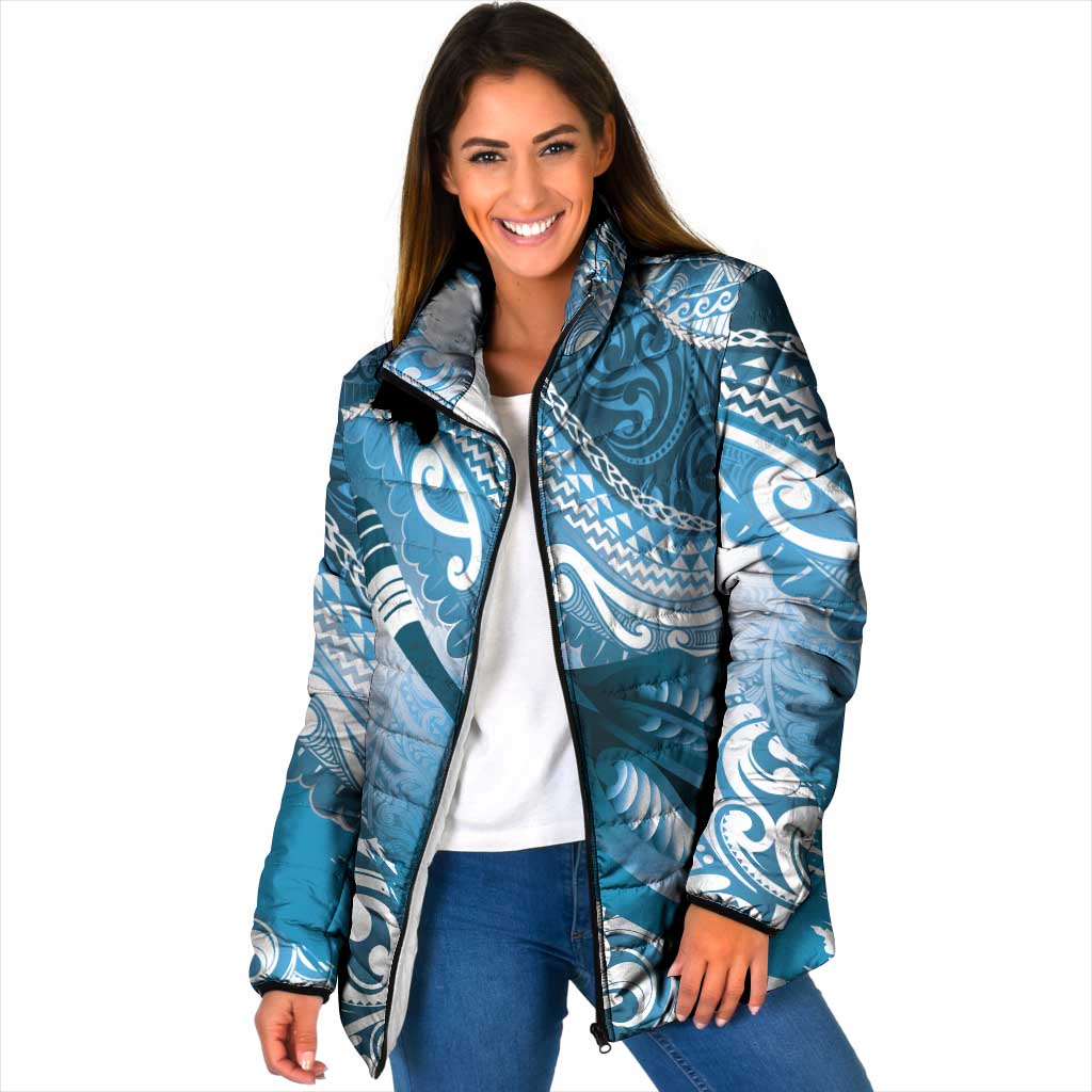 Personalised New Zealand Aotearoa Darts Masters Padded Jacket Maori Art Tattoo with Tribal Dart Symbol Blue LT03 Women Blue - Polynesian Pride