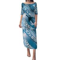 Personalised New Zealand Aotearoa Darts Masters Puletasi Maori Art Tattoo with Tribal Dart Symbol Blue LT03 Long Dress Blue - Polynesian Pride