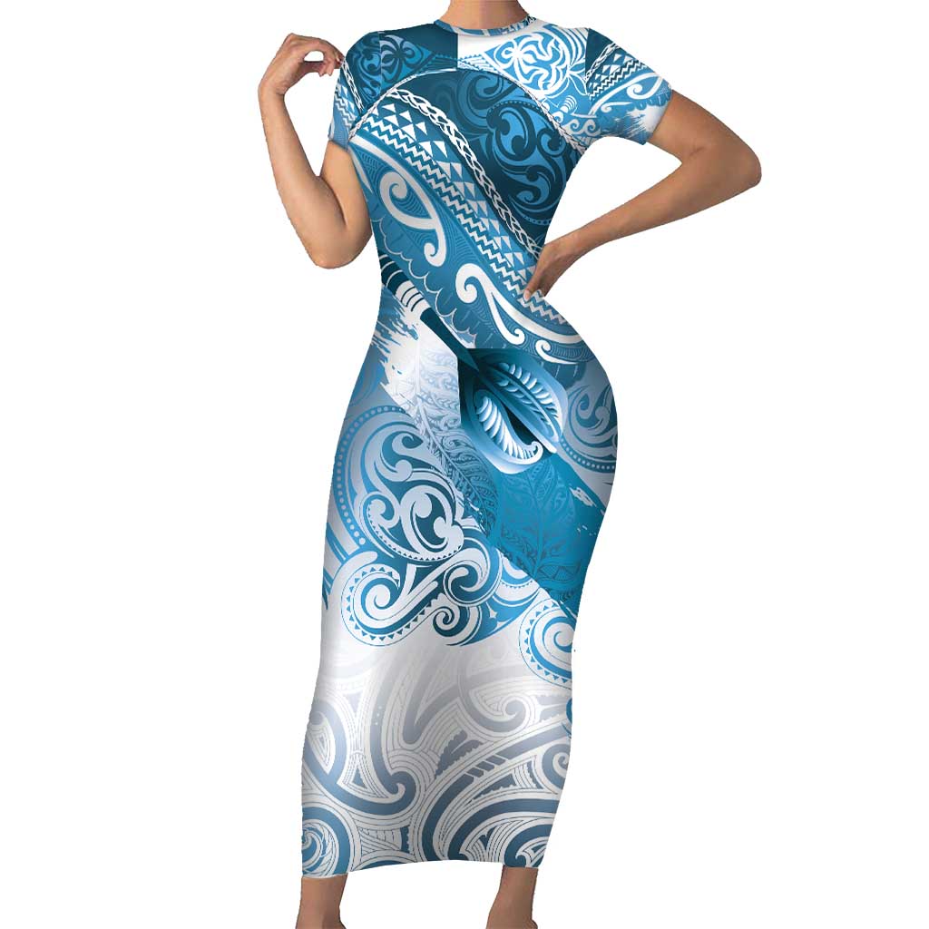 Personalised New Zealand Aotearoa Darts Masters Short Sleeve Bodycon Dress Maori Art Tattoo with Tribal Dart Symbol Blue LT03 Long Dress Blue - Polynesian Pride