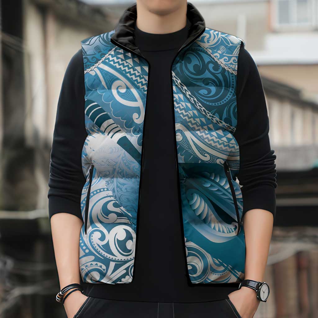 Personalised New Zealand Aotearoa Darts Masters Sleeveless Puffer Jacket Maori Art Tattoo with Tribal Dart Symbol Blue LT03 - Polynesian Pride