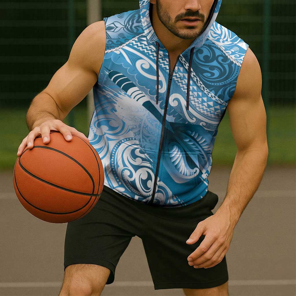 Personalised New Zealand Aotearoa Darts Masters Sleeveless Zip Hoodie Maori Art Tattoo with Tribal Dart Symbol Blue LT03 - Polynesian Pride