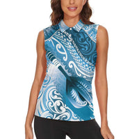 Personalised New Zealand Aotearoa Darts Masters Women Sleeveless Polo Shirt Maori Art Tattoo with Tribal Dart Symbol Blue LT03 - Polynesian Pride