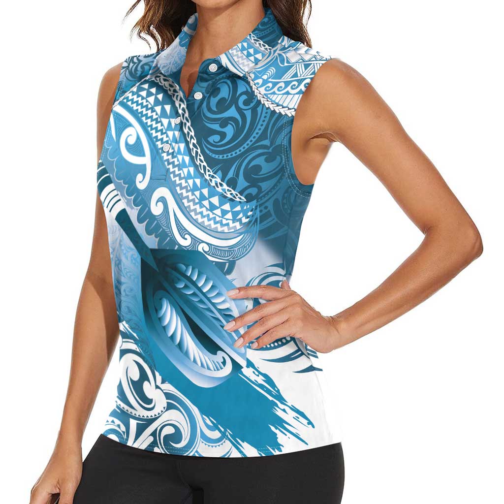 Personalised New Zealand Aotearoa Darts Masters Women Sleeveless Polo Shirt Maori Art Tattoo with Tribal Dart Symbol Blue LT03 - Polynesian Pride