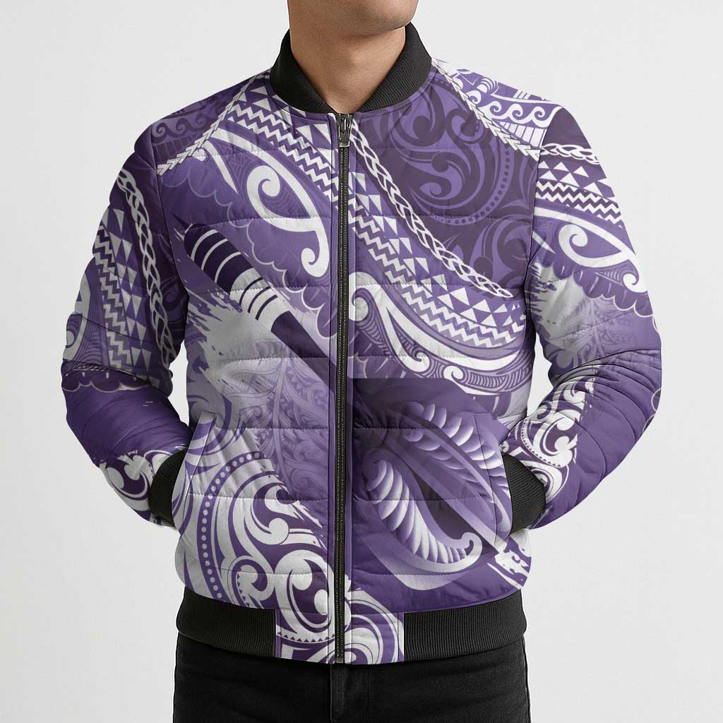 Personalised New Zealand Aotearoa Darts Masters Bomber Puffer Jacket Maori Art Tattoo with Tribal Dart Symbol Purple LT03 - Polynesian Pride