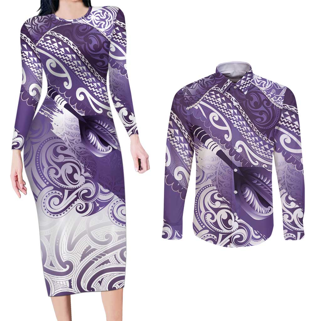 Personalised New Zealand Aotearoa Darts Masters Couples Matching Long Sleeve Bodycon Dress and Long Sleeve Button Shirt Maori Art Tattoo with Tribal Dart Symbol Purple LT03 Purple - Polynesian Pride