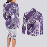 Personalised New Zealand Aotearoa Darts Masters Couples Matching Long Sleeve Bodycon Dress and Long Sleeve Button Shirt Maori Art Tattoo with Tribal Dart Symbol Purple LT03 - Polynesian Pride