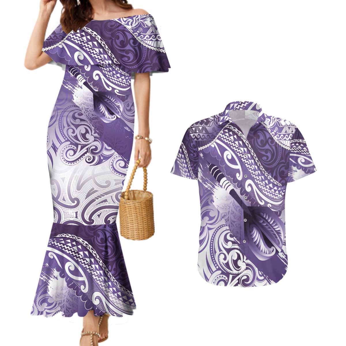 Personalised New Zealand Aotearoa Darts Masters Couples Matching Mermaid Dress and Hawaiian Shirt Maori Art Tattoo with Tribal Dart Symbol Purple LT03 Purple - Polynesian Pride