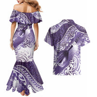 Personalised New Zealand Aotearoa Darts Masters Couples Matching Mermaid Dress and Hawaiian Shirt Maori Art Tattoo with Tribal Dart Symbol Purple LT03 - Polynesian Pride