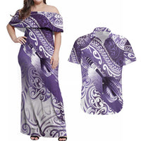 Personalised New Zealand Aotearoa Darts Masters Couples Matching Off Shoulder Maxi Dress and Hawaiian Shirt Maori Art Tattoo with Tribal Dart Symbol Purple LT03 Purple - Polynesian Pride
