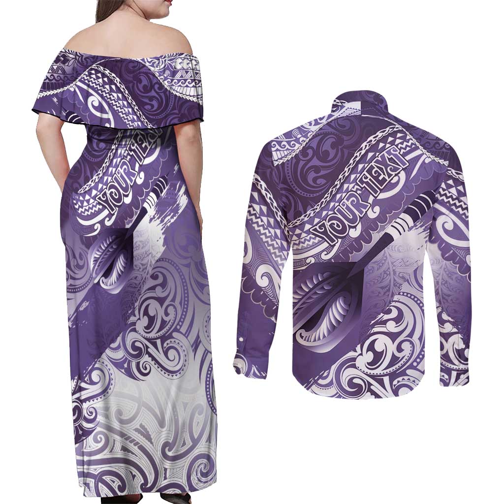 Personalised New Zealand Aotearoa Darts Masters Couples Matching Off Shoulder Maxi Dress and Long Sleeve Button Shirt Maori Art Tattoo with Tribal Dart Symbol Purple LT03 - Polynesian Pride
