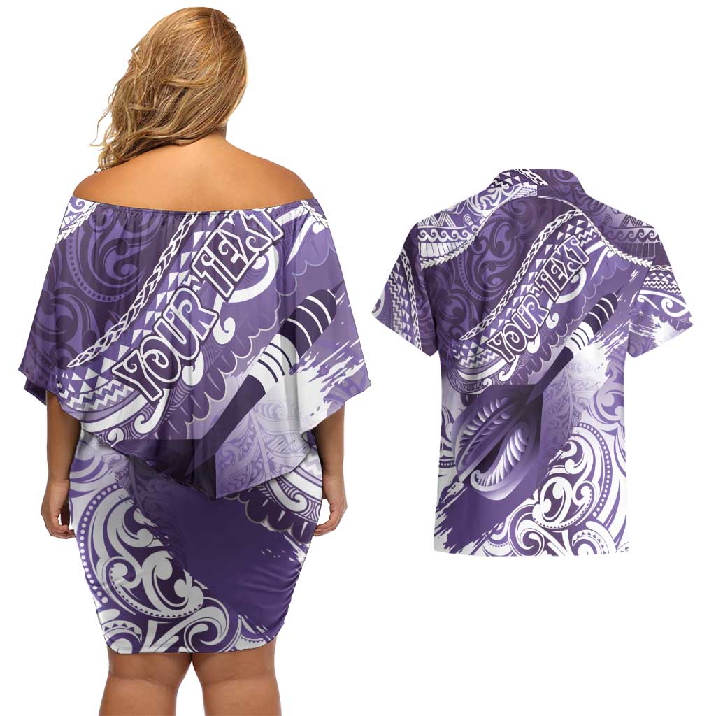 Personalised New Zealand Aotearoa Darts Masters Couples Matching Off Shoulder Short Dress and Hawaiian Shirt Maori Art Tattoo with Tribal Dart Symbol Purple LT03 - Polynesian Pride
