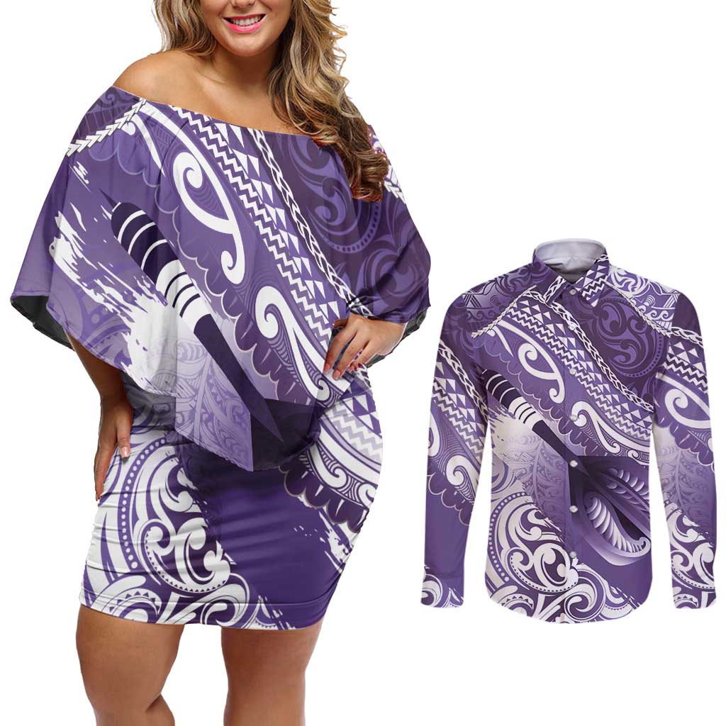 Personalised New Zealand Aotearoa Darts Masters Couples Matching Off Shoulder Short Dress and Long Sleeve Button Shirt Maori Art Tattoo with Tribal Dart Symbol Purple LT03 Purple - Polynesian Pride