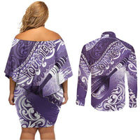 Personalised New Zealand Aotearoa Darts Masters Couples Matching Off Shoulder Short Dress and Long Sleeve Button Shirt Maori Art Tattoo with Tribal Dart Symbol Purple LT03 - Polynesian Pride