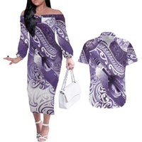 Personalised New Zealand Aotearoa Darts Masters Couples Matching Off The Shoulder Long Sleeve Dress and Hawaiian Shirt Maori Art Tattoo with Tribal Dart Symbol Purple LT03 Purple - Polynesian Pride