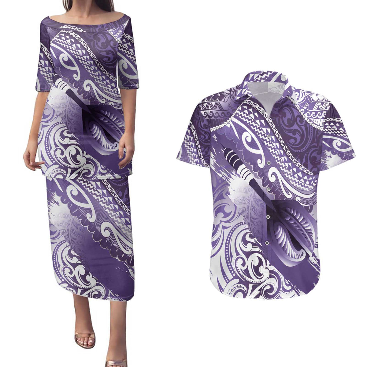 Personalised New Zealand Aotearoa Darts Masters Couples Matching Puletasi and Hawaiian Shirt Maori Art Tattoo with Tribal Dart Symbol Purple LT03 Purple - Polynesian Pride
