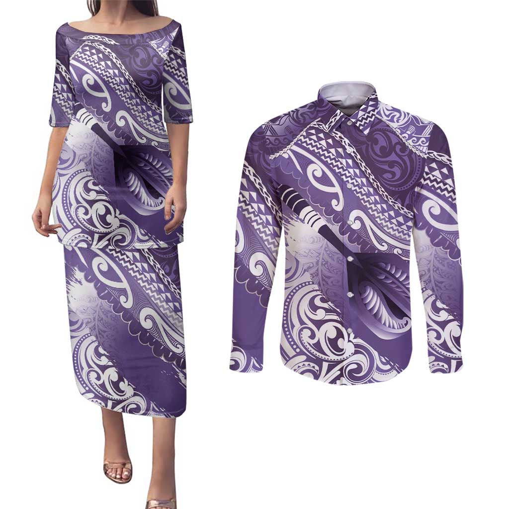 Personalised New Zealand Aotearoa Darts Masters Couples Matching Puletasi and Long Sleeve Button Shirt Maori Art Tattoo with Tribal Dart Symbol Purple LT03 Purple - Polynesian Pride