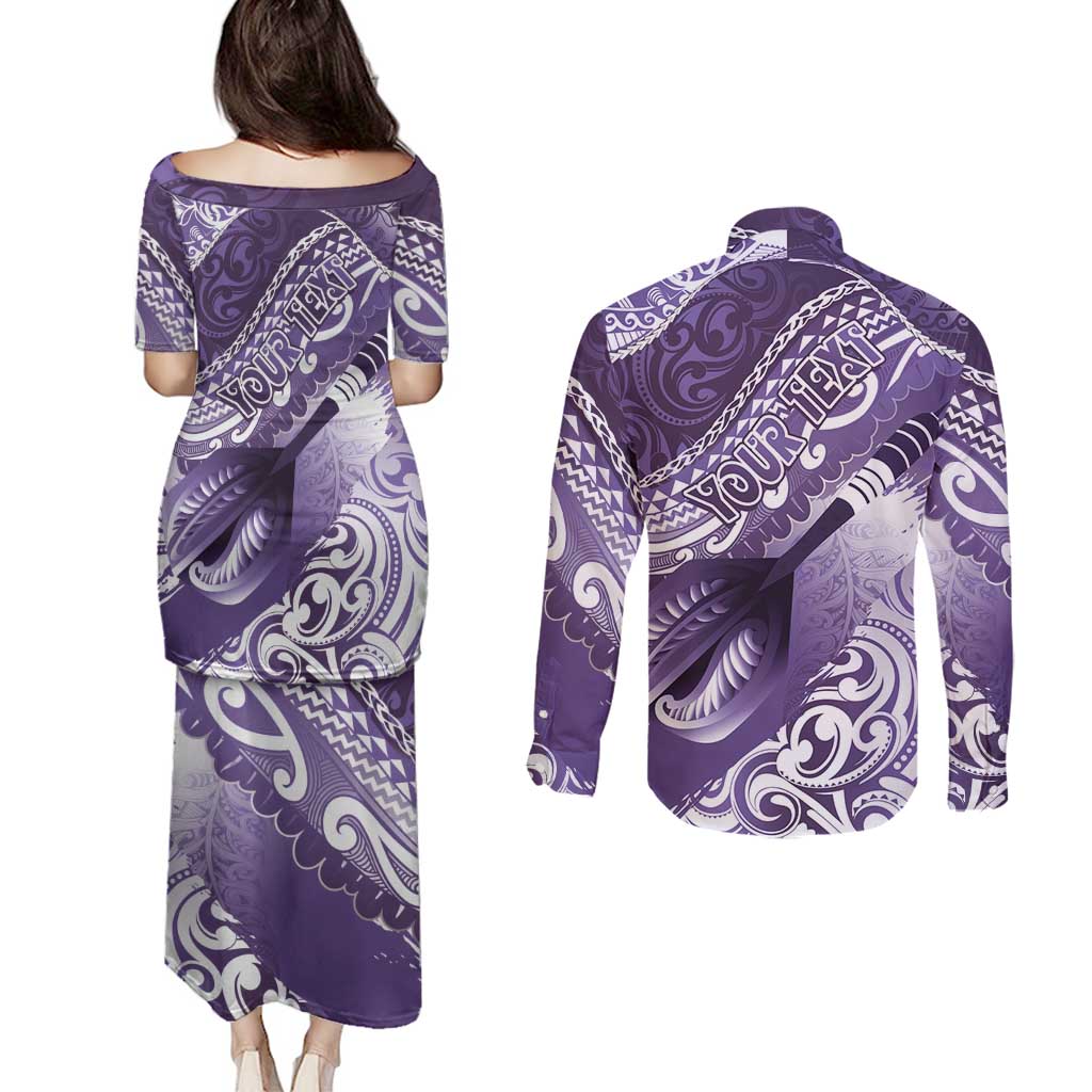 Personalised New Zealand Aotearoa Darts Masters Couples Matching Puletasi and Long Sleeve Button Shirt Maori Art Tattoo with Tribal Dart Symbol Purple LT03 - Polynesian Pride