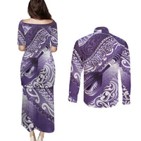 Personalised New Zealand Aotearoa Darts Masters Couples Matching Puletasi and Long Sleeve Button Shirt Maori Art Tattoo with Tribal Dart Symbol Purple LT03 - Polynesian Pride