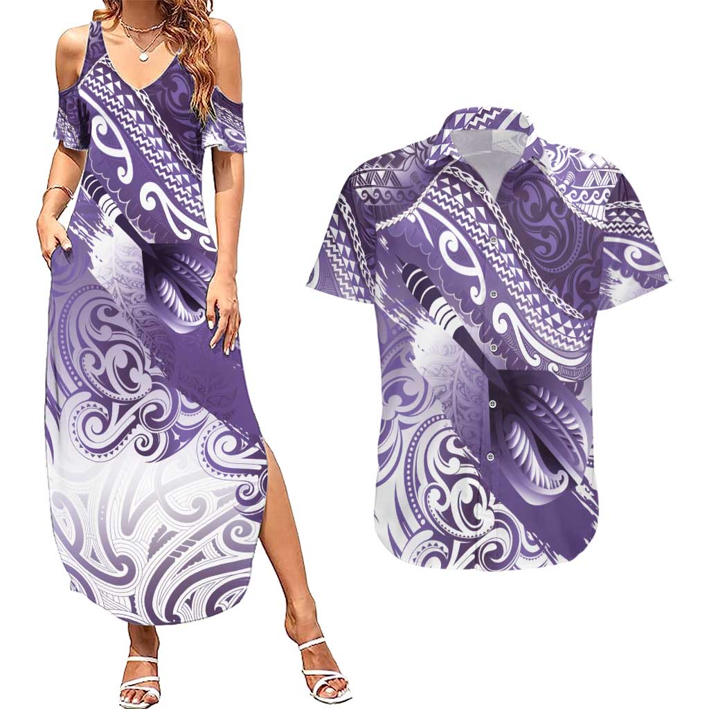 Personalised New Zealand Aotearoa Darts Masters Couples Matching Summer Maxi Dress and Hawaiian Shirt Maori Art Tattoo with Tribal Dart Symbol Purple LT03 Purple - Polynesian Pride