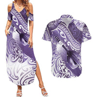 Personalised New Zealand Aotearoa Darts Masters Couples Matching Summer Maxi Dress and Hawaiian Shirt Maori Art Tattoo with Tribal Dart Symbol Purple LT03 Purple - Polynesian Pride