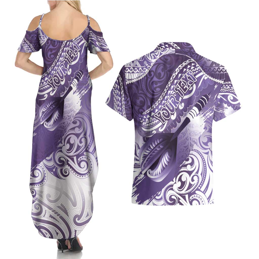 Personalised New Zealand Aotearoa Darts Masters Couples Matching Summer Maxi Dress and Hawaiian Shirt Maori Art Tattoo with Tribal Dart Symbol Purple LT03 - Polynesian Pride