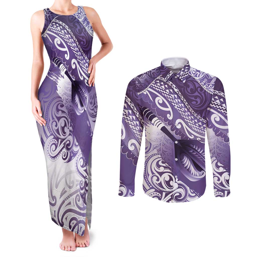 Personalised New Zealand Aotearoa Darts Masters Couples Matching Tank Maxi Dress and Long Sleeve Button Shirt Maori Art Tattoo with Tribal Dart Symbol Purple LT03 Purple - Polynesian Pride