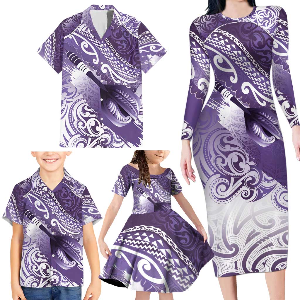 Personalised New Zealand Aotearoa Darts Masters Family Matching Long Sleeve Bodycon Dress and Hawaiian Shirt Maori Art Tattoo with Tribal Dart Symbol Purple LT03 - Polynesian Pride