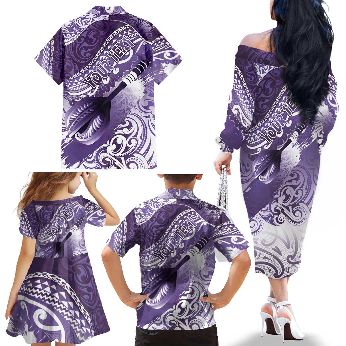 Personalised New Zealand Aotearoa Darts Masters Family Matching Off The Shoulder Long Sleeve Dress and Hawaiian Shirt Maori Art Tattoo with Tribal Dart Symbol Purple LT03 - Polynesian Pride