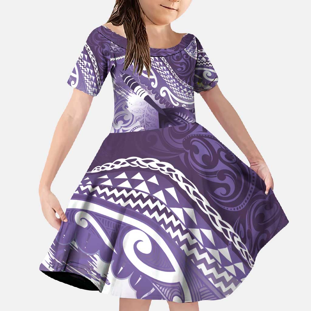 Personalised New Zealand Aotearoa Darts Masters Family Matching Off Shoulder Maxi Dress and Hawaiian Shirt Maori Art Tattoo with Tribal Dart Symbol Purple LT03 Daughter's Dress Purple - Polynesian Pride