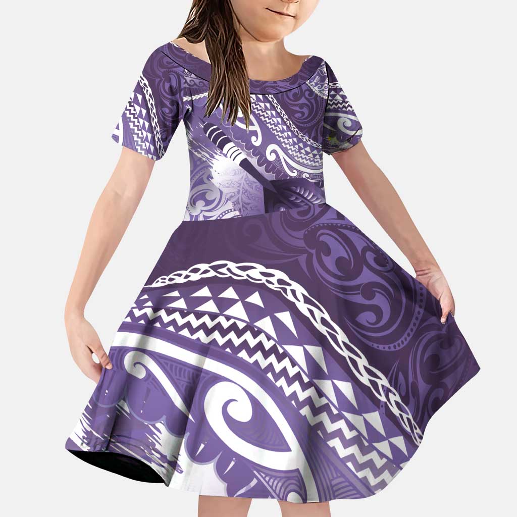 Personalised New Zealand Aotearoa Darts Masters Family Matching Puletasi and Hawaiian Shirt Maori Art Tattoo with Tribal Dart Symbol Purple LT03 Daughter's Dress Purple - Polynesian Pride