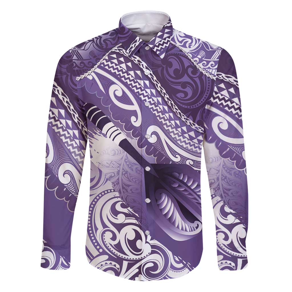 Personalised New Zealand Aotearoa Darts Masters Family Matching Puletasi and Hawaiian Shirt Maori Art Tattoo with Tribal Dart Symbol Purple LT03 Dad's Shirt - Long Sleeve Purple - Polynesian Pride