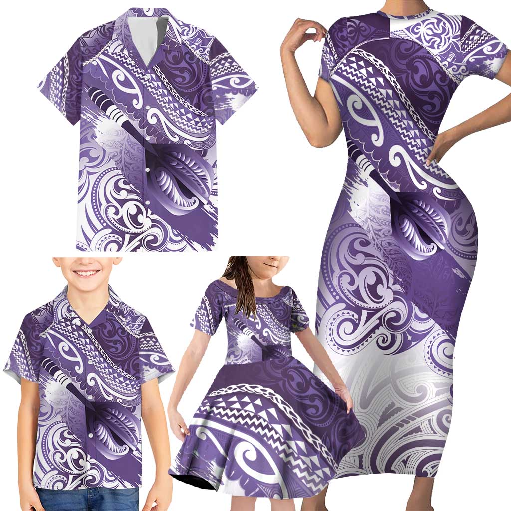 Personalised New Zealand Aotearoa Darts Masters Family Matching Short Sleeve Bodycon Dress and Hawaiian Shirt Maori Art Tattoo with Tribal Dart Symbol Purple LT03 - Polynesian Pride