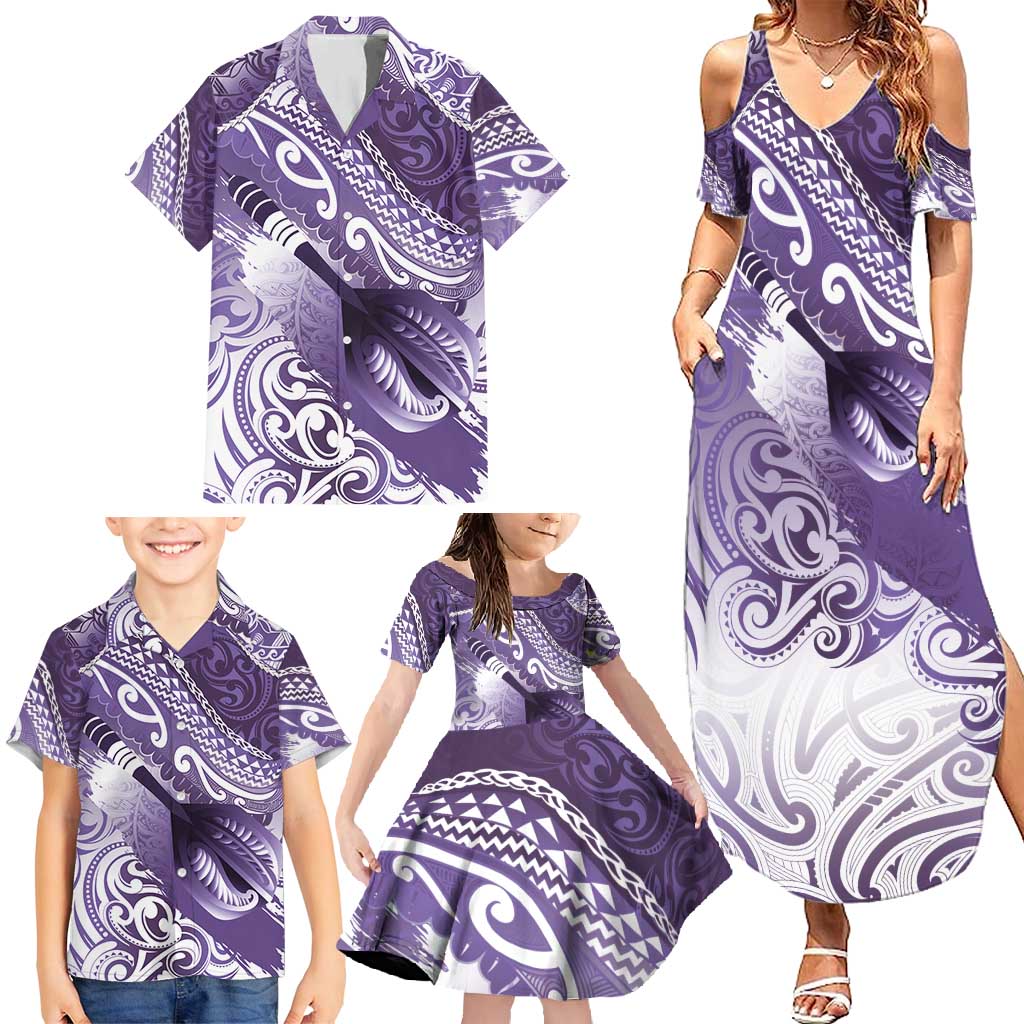 Personalised New Zealand Aotearoa Darts Masters Family Matching Summer Maxi Dress and Hawaiian Shirt Maori Art Tattoo with Tribal Dart Symbol Purple LT03 - Polynesian Pride