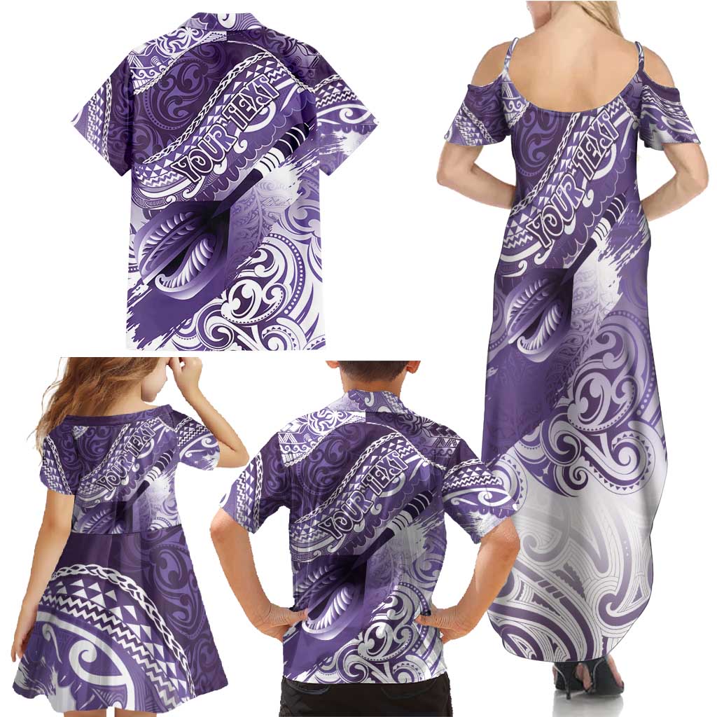 Personalised New Zealand Aotearoa Darts Masters Family Matching Summer Maxi Dress and Hawaiian Shirt Maori Art Tattoo with Tribal Dart Symbol Purple LT03 - Polynesian Pride