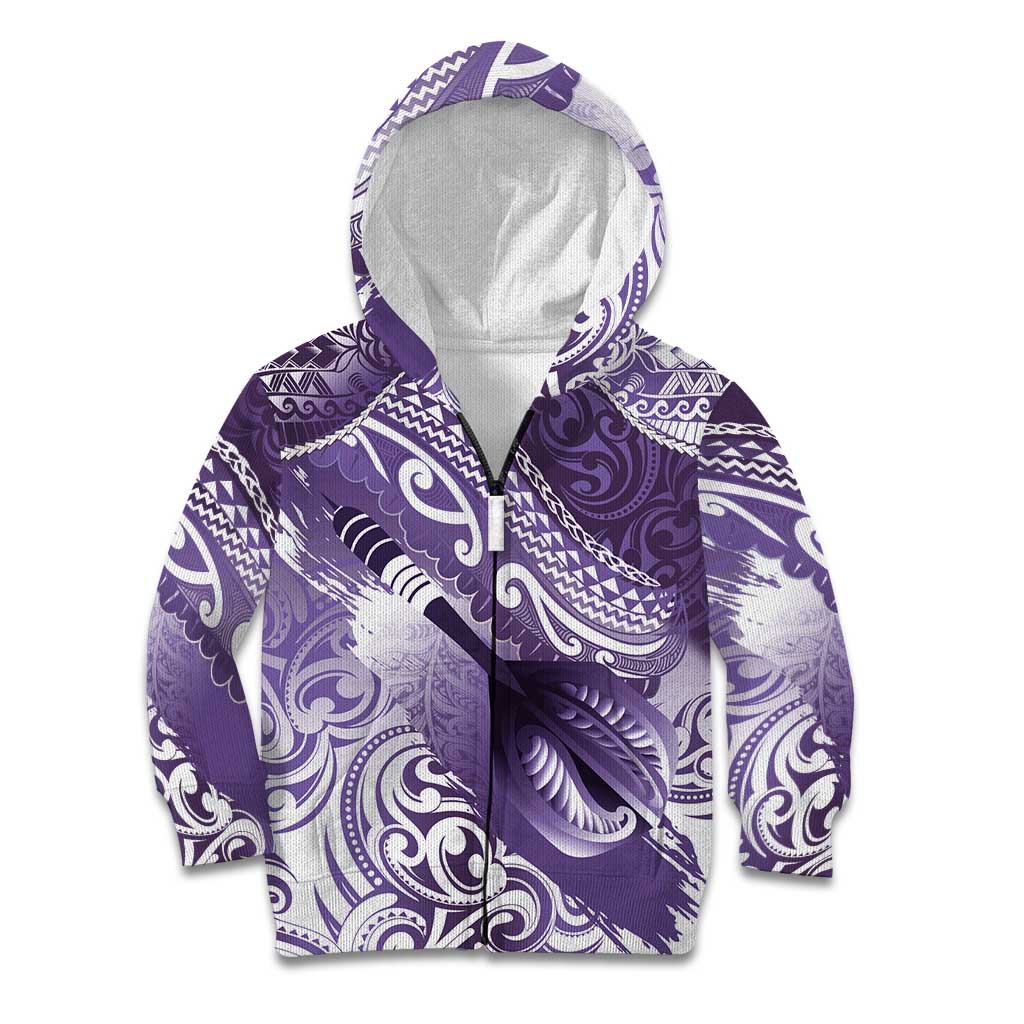 Personalised New Zealand Aotearoa Darts Masters Kid Hoodie Maori Art Tattoo with Tribal Dart Symbol Purple LT03 Zip Hoodie Purple - Polynesian Pride