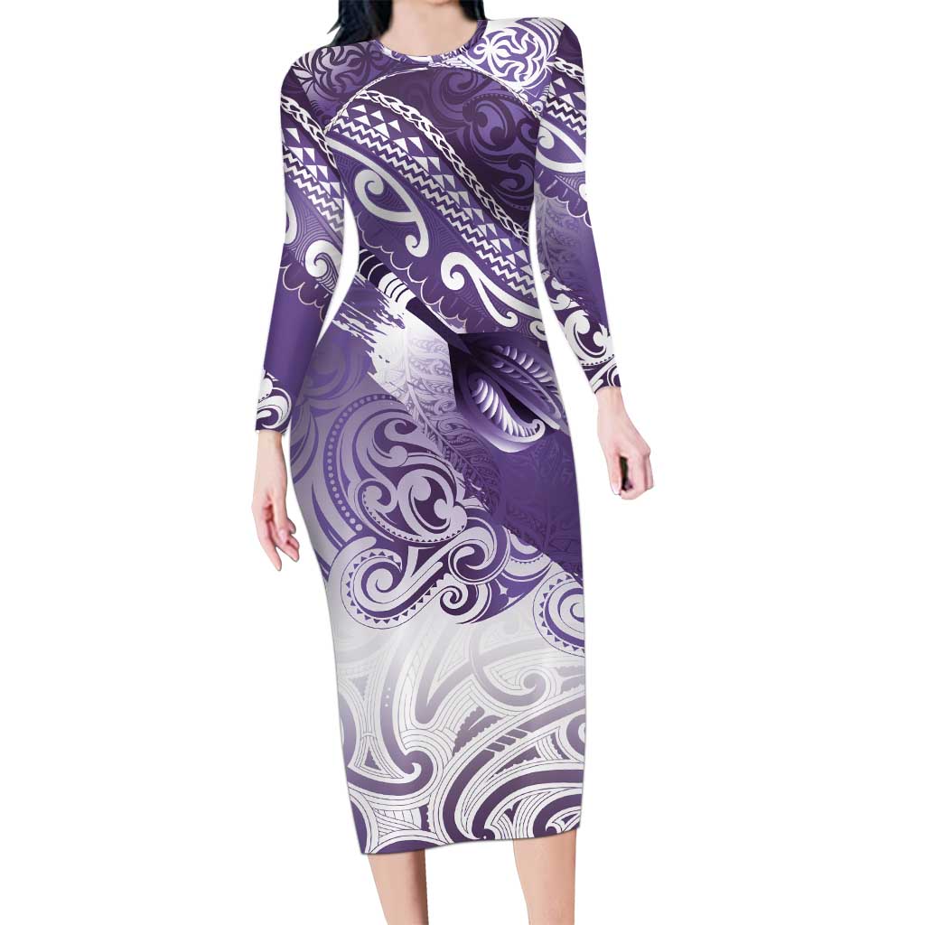 Personalised New Zealand Aotearoa Darts Masters Long Sleeve Bodycon Dress Maori Art Tattoo with Tribal Dart Symbol Purple LT03 Long Dress Purple - Polynesian Pride