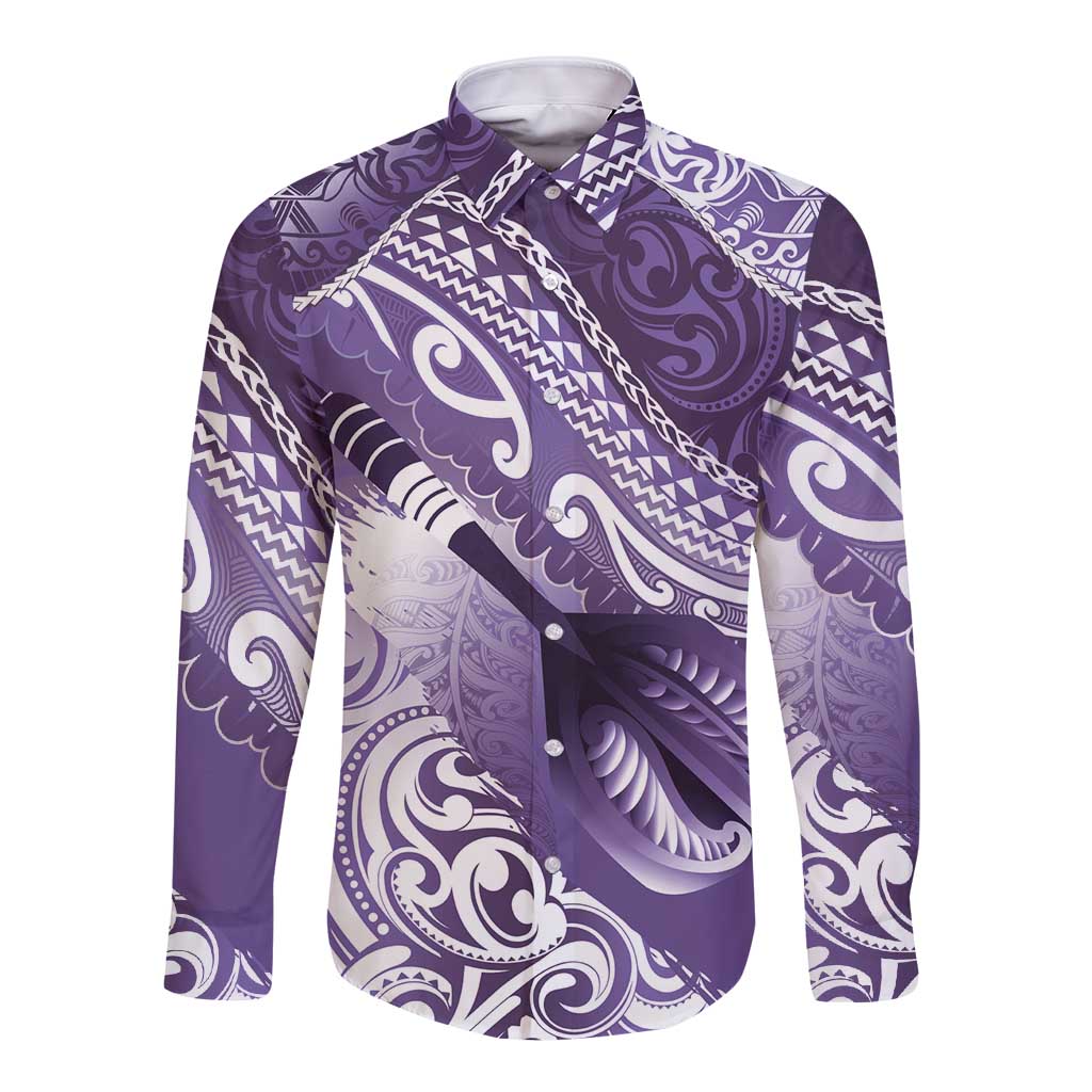 Personalised New Zealand Aotearoa Darts Masters Long Sleeve Button Shirt Maori Art Tattoo with Tribal Dart Symbol Purple LT03 Unisex Purple - Polynesian Pride