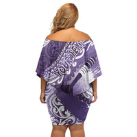 Personalised New Zealand Aotearoa Darts Masters Off Shoulder Short Dress Maori Art Tattoo with Tribal Dart Symbol Purple LT03 - Polynesian Pride
