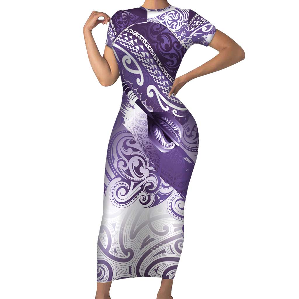 Personalised New Zealand Aotearoa Darts Masters Short Sleeve Bodycon Dress Maori Art Tattoo with Tribal Dart Symbol Purple LT03 Long Dress Purple - Polynesian Pride