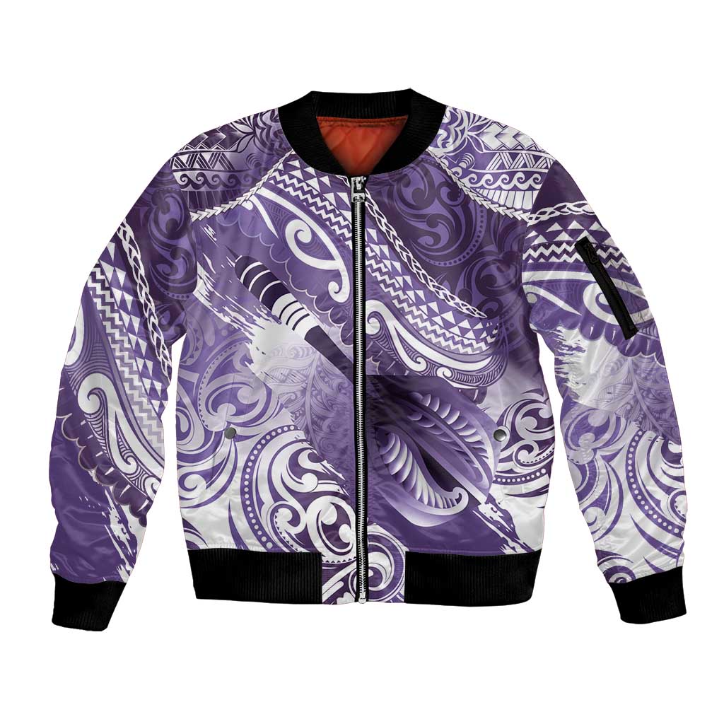 Personalised New Zealand Aotearoa Darts Masters Sleeve Zip Bomber Jacket Maori Art Tattoo with Tribal Dart Symbol Purple LT03 Unisex Purple - Polynesian Pride