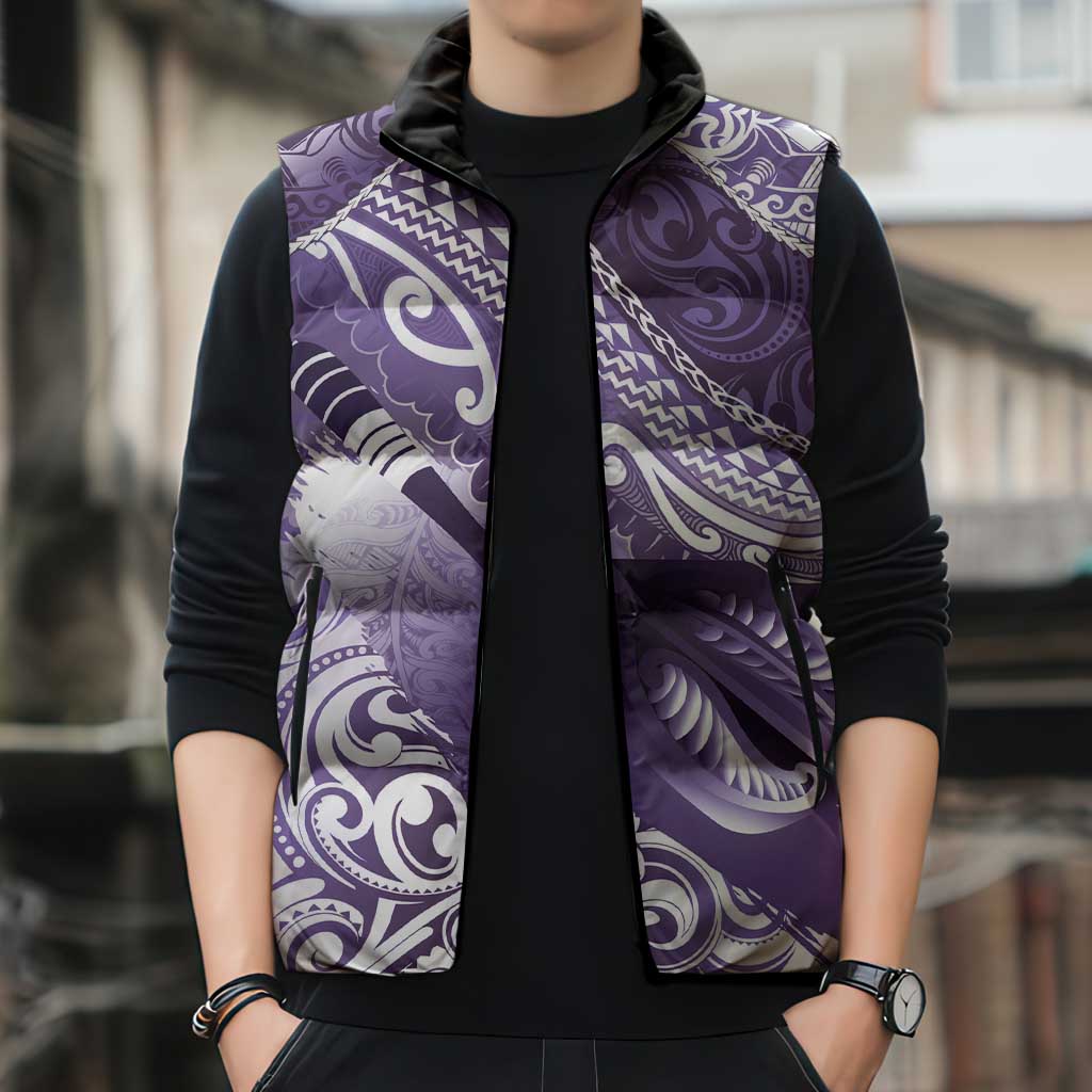 Personalised New Zealand Aotearoa Darts Masters Sleeveless Puffer Jacket Maori Art Tattoo with Tribal Dart Symbol Purple LT03 - Polynesian Pride