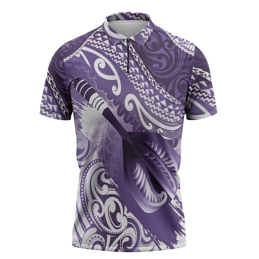 Personalised New Zealand Aotearoa Darts Masters Zipper Polo Shirt Maori Art Tattoo with Tribal Dart Symbol Purple LT03 Purple - Polynesian Pride