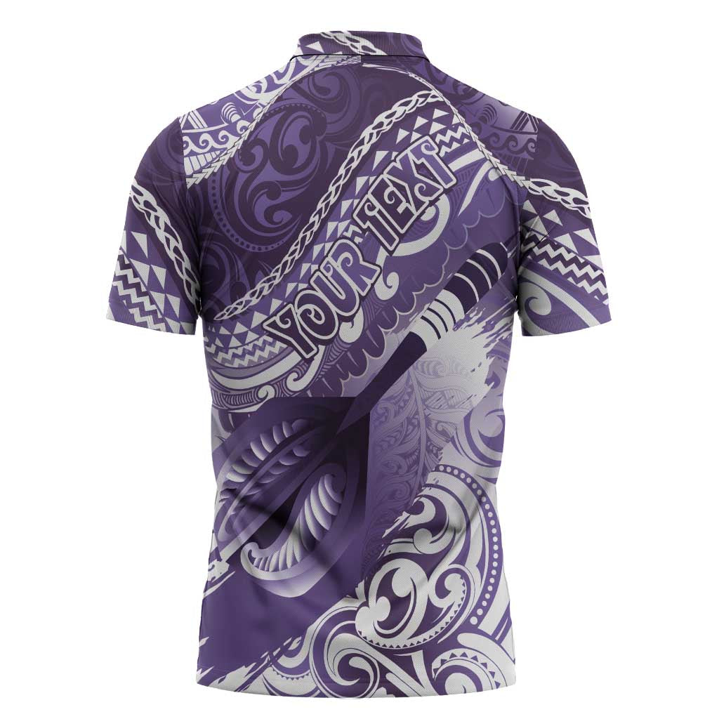 Personalised New Zealand Aotearoa Darts Masters Zipper Polo Shirt Maori Art Tattoo with Tribal Dart Symbol Purple LT03 - Polynesian Pride