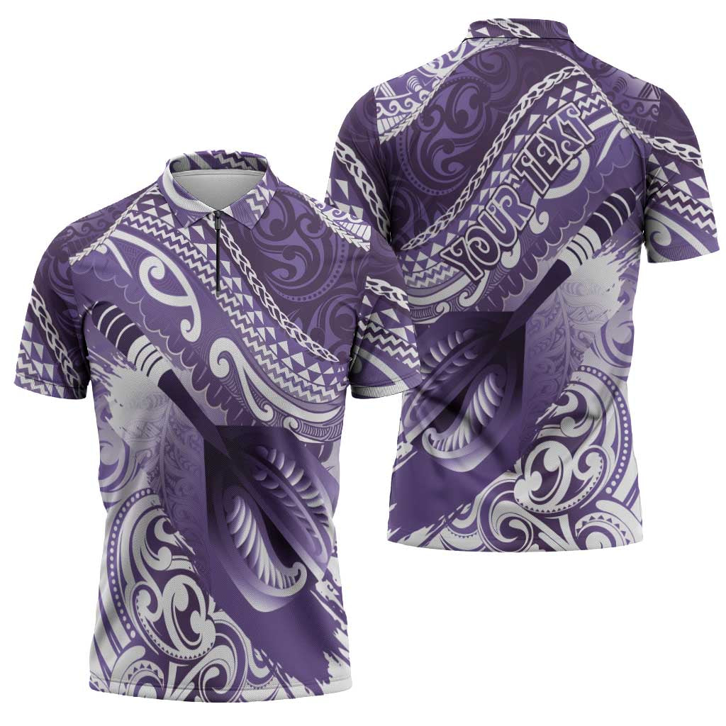 Personalised New Zealand Aotearoa Darts Masters Zipper Polo Shirt Maori Art Tattoo with Tribal Dart Symbol Purple LT03 - Polynesian Pride